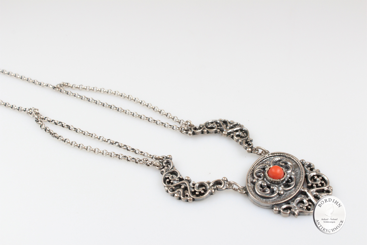 Collier 835 Silber Koralle Halskette Trachtenschmuck Damen Geschenk