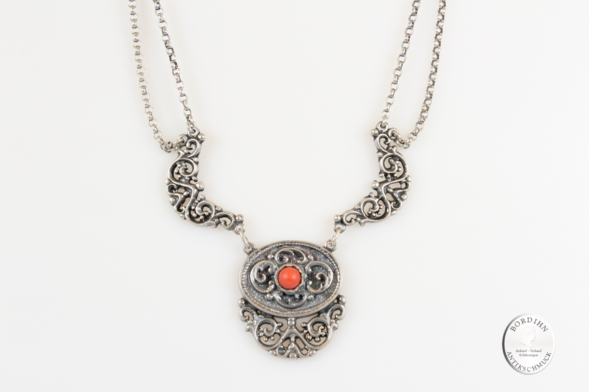Collier 835 Silber Koralle Halskette Trachtenschmuck Damen Geschenk