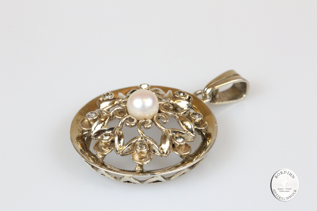 Anhänger 835 Silber vergoldet Perle Diamant Antik Schmuck Geschenk
