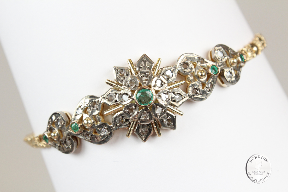Armband 14 Karat Gold Diamant Smaragd Armschmuck Edelstein Damen antik