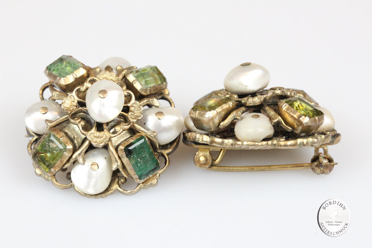 Broschen 1 Paar Antik Silber vergoldet Barock Smaragd Perlen Schmuck