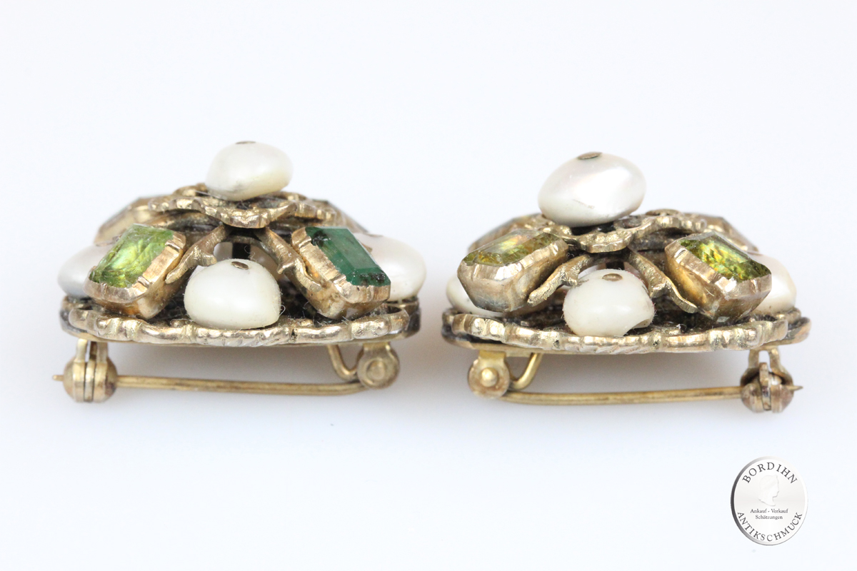 Broschen 1 Paar Antik Silber vergoldet Barock Smaragd Perlen Schmuck