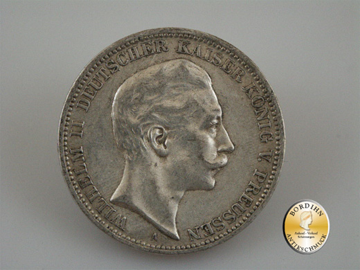 Silbermünze; Kaiserreich, Drei Mark Preussen Wilhelm II