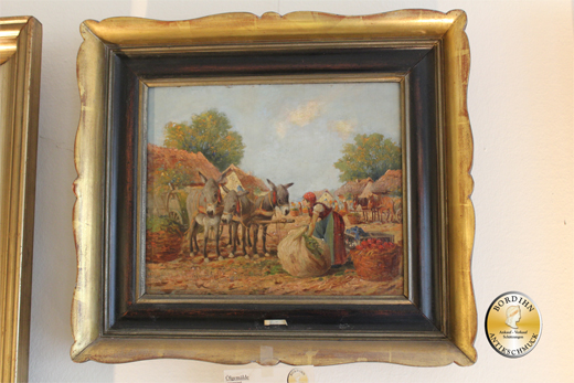 Ölbild; signiert, Eselkarren mit Bäuerin, Öl auf Holz, um 1920