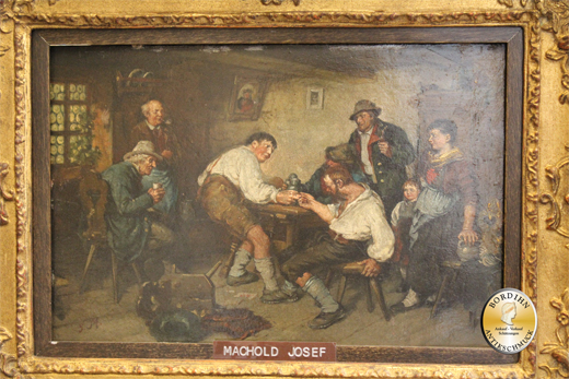 Ölbild Joseph Machold Fingerhakeln im Wirtshaus Öl auf Holz Ölgemälde