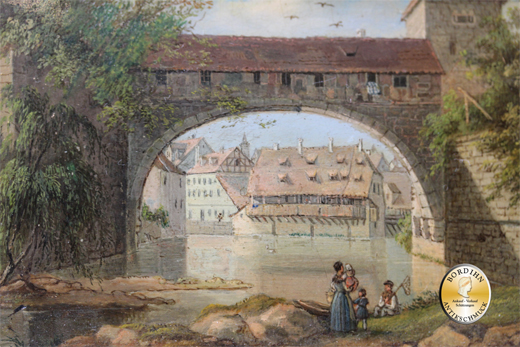 Ölbild Maler unbekannt Brücke mit Menschen am Fluss Ölgemälde Kunst