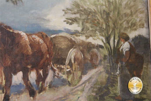 Ölbild; Stuhlmüller, Ochsenkarren mit drei Personen (Studie) um 1900