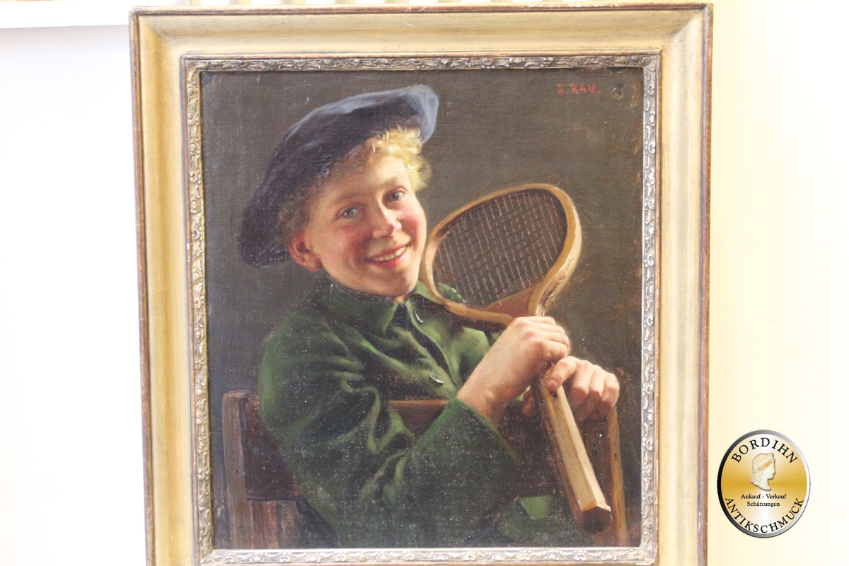 Ölbild Emil Rau Genre Maler Mann mit Tennisschläger Ölgemälde Kunst