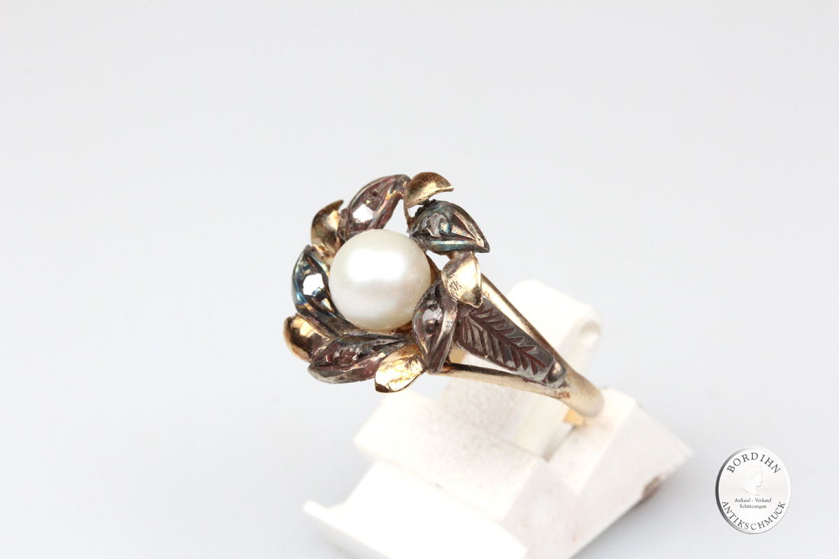 Ring 14 Karat Gold Perle Diamant antik Schmuckring Fingerring Damen