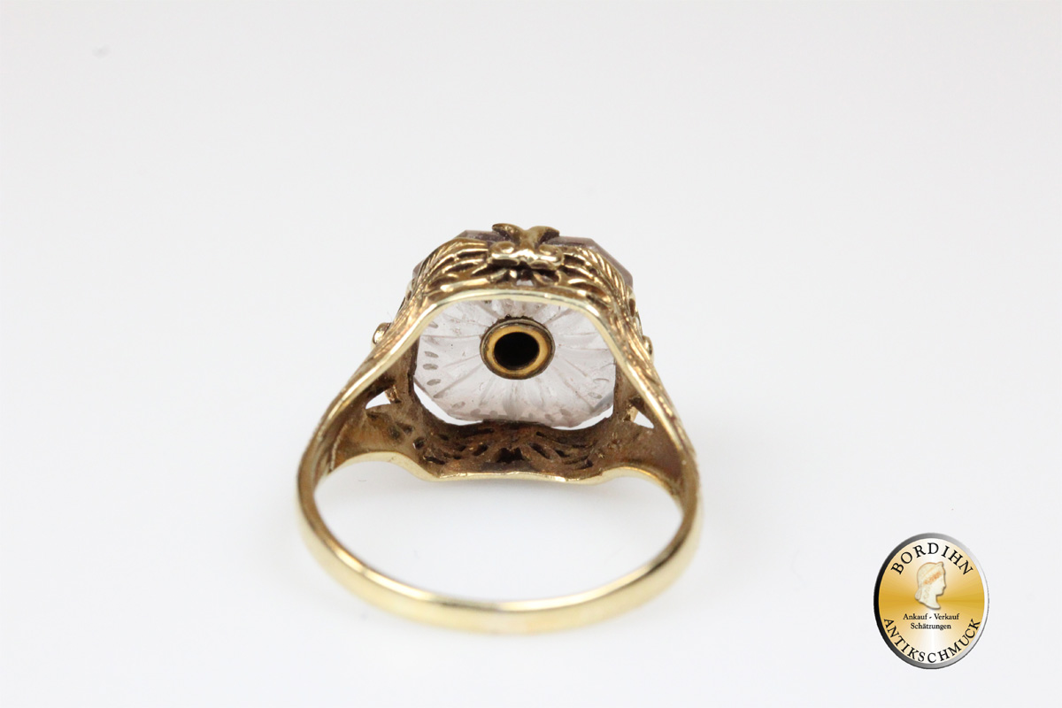 Ring; 10 Karat Gold, Saphir, Bergkristall, Goldring, Damenring, antik