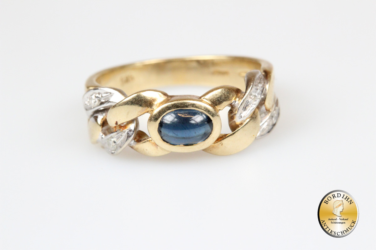 Ring; 14K Gold mit einem Saphir und Brillanten