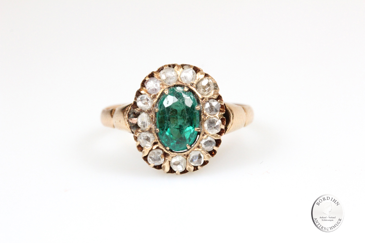 Ring 14 Karat Gold Smaragd Diamanten Schmuckring Goldring Antik Damen