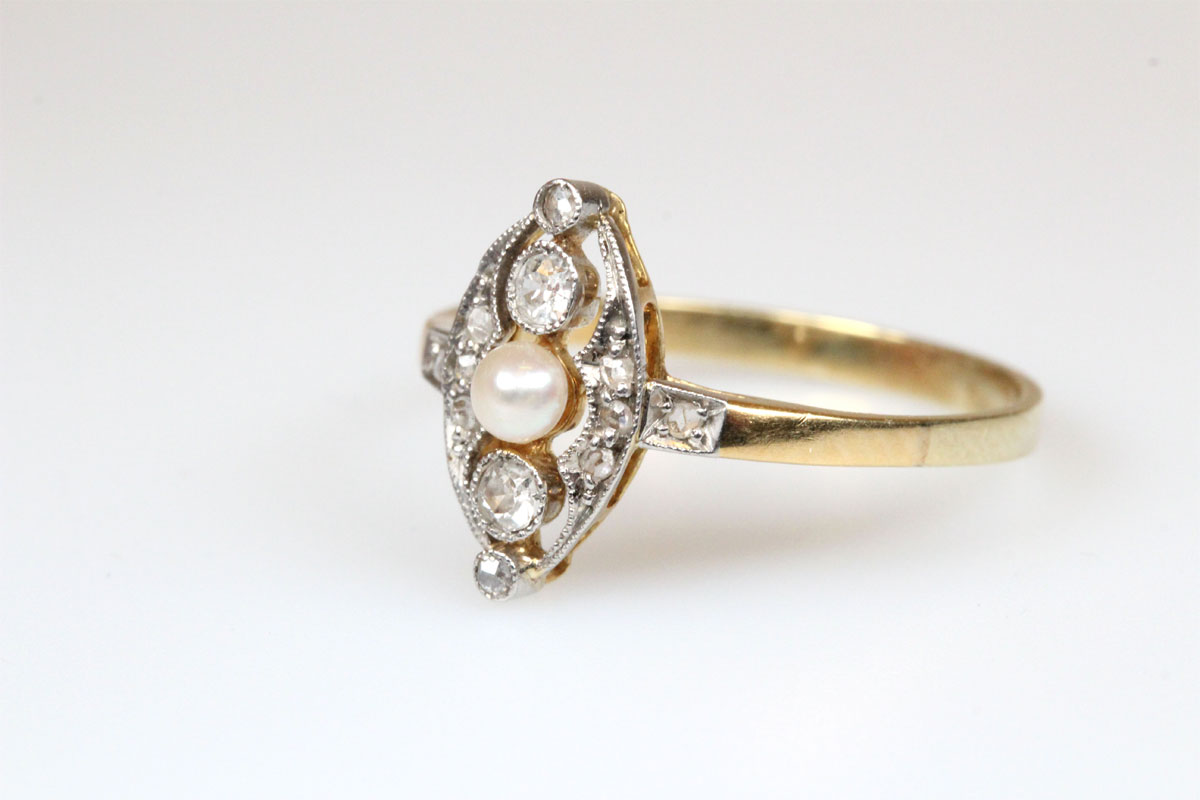 Ring 14 Karat Gold Perle Diamanten antik Schmuck Damen Geschenk