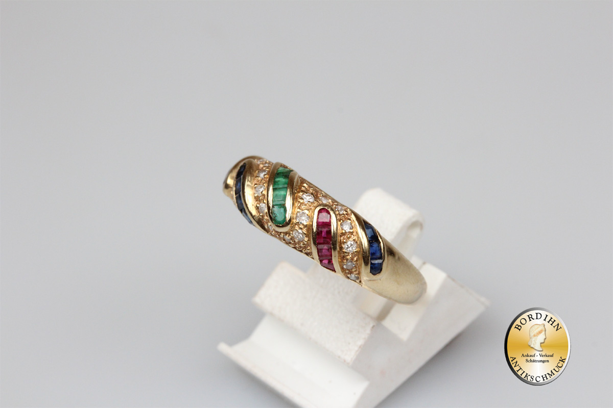 Ring; 14 Karat Gold, Smaragd, Rubin, Saphir, Diamant