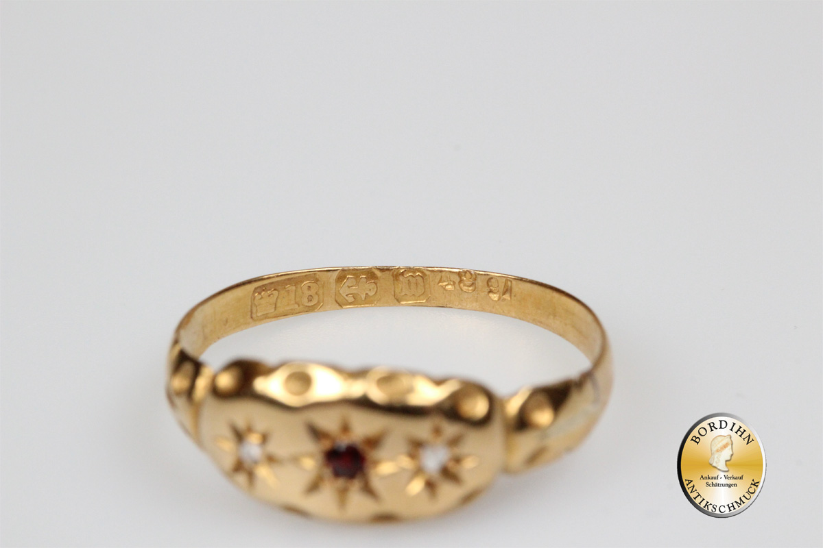 Ring 18 Karat Gold 1 Rubin Diamanten antik Goldring Schmuckring Damen