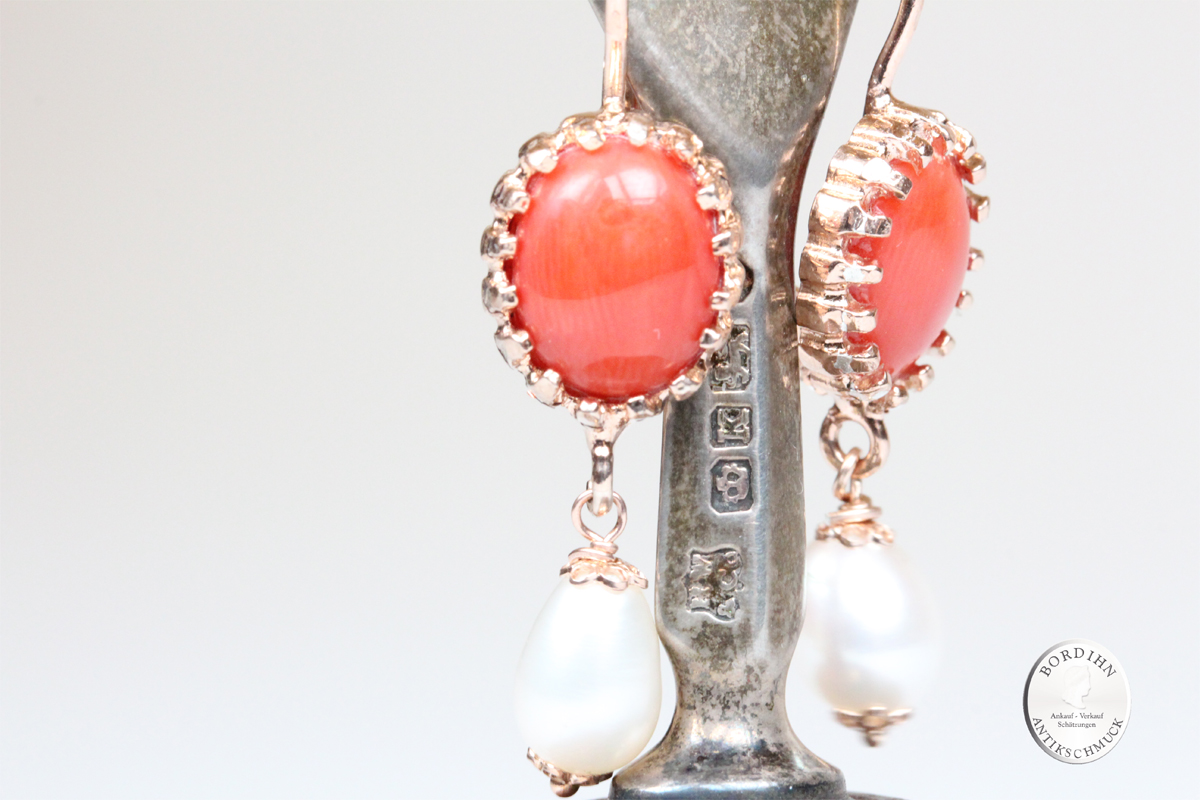 Ohrringe Silber vergoldet echte Koralle Flusswasser Perle Ohrhänger
