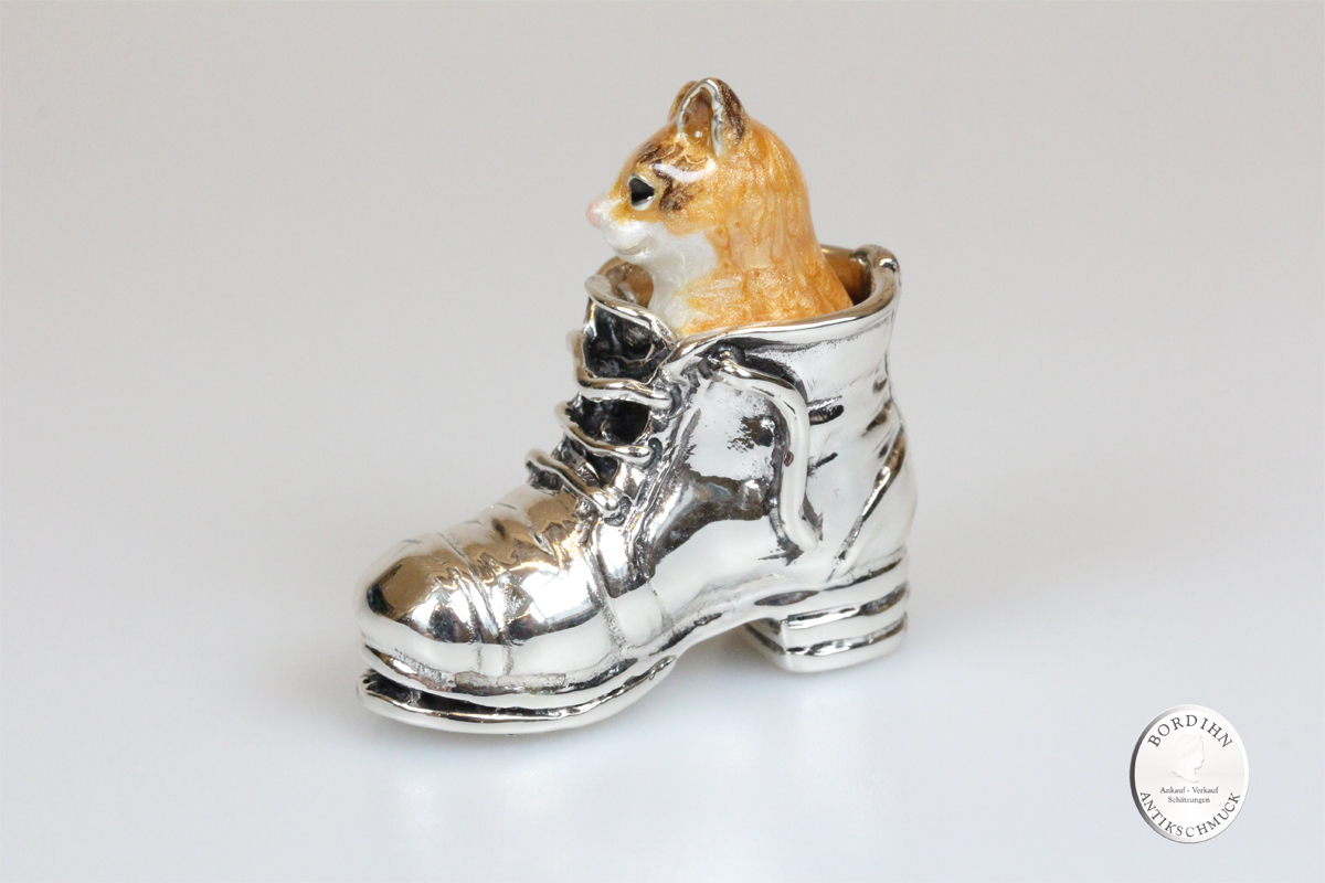 Katze im Stiefel Blick rechts Tier 925 Silber Sammlerstück Saturno