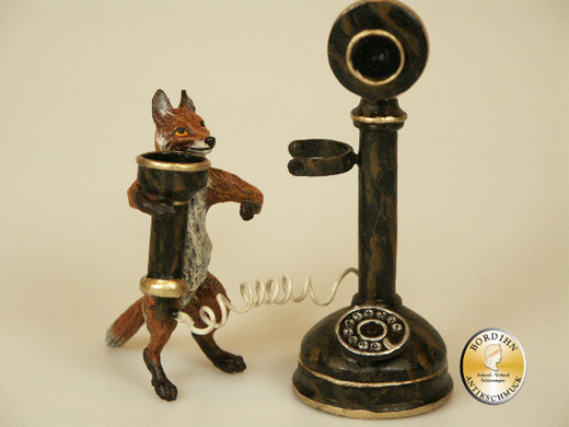 Wiener Bronze Fuchs mit Telefon original Kleinkunst mit Zertifikat