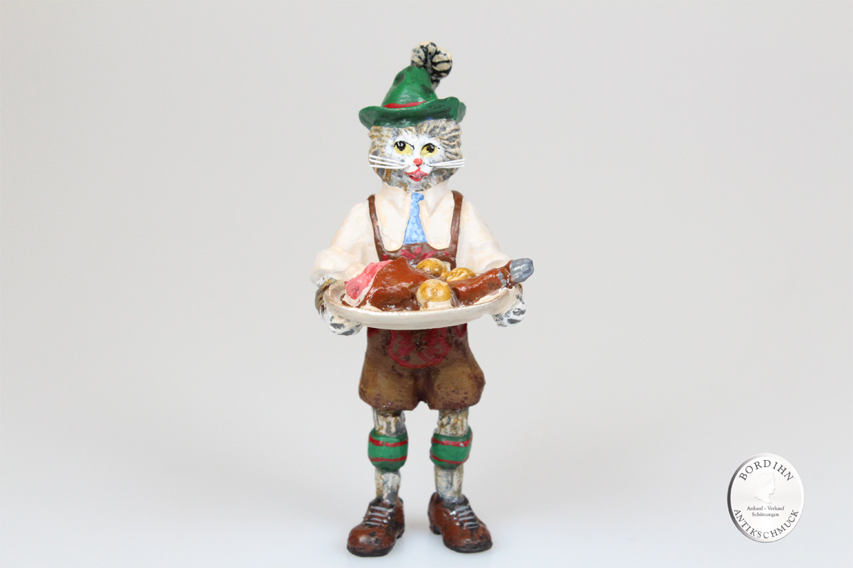 Wiener Bronze Katze Lederhose mit Stelze und Tablett Original Figur