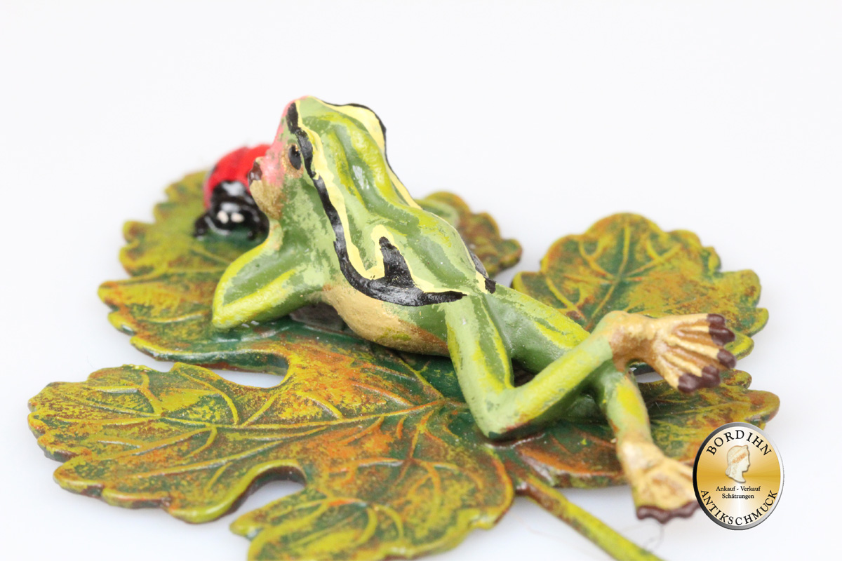 Wiener Bronze Frosch auf Blatt Marienkäfer Kunst Sammler Figur