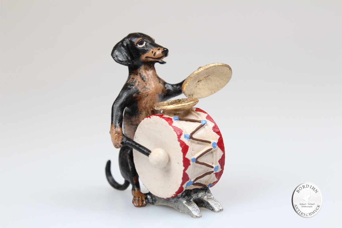Wiener Bronze Dackel mit Trommel Figur Original Kleinkunst für Sammler