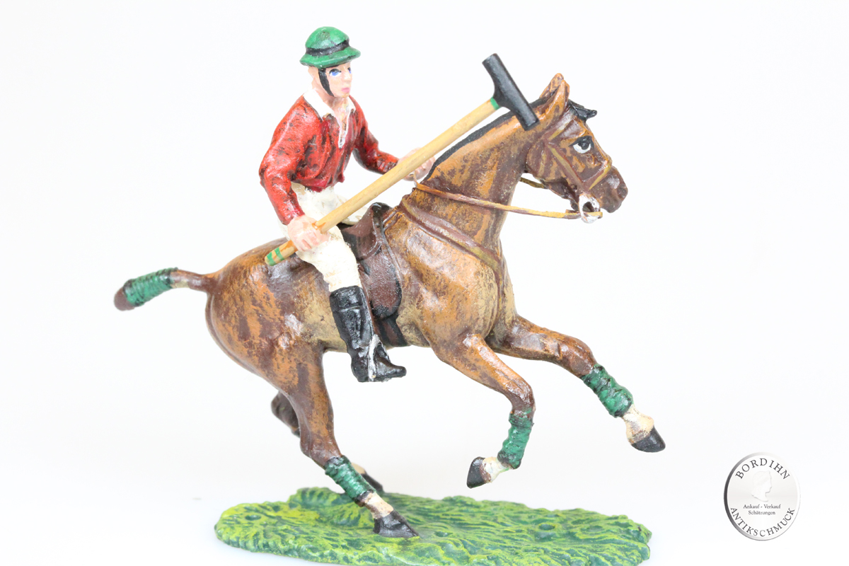 Wiener Bronze Polospieler auf Pferd aufrecht Schläger hinauf Kunst Fritz Bermann