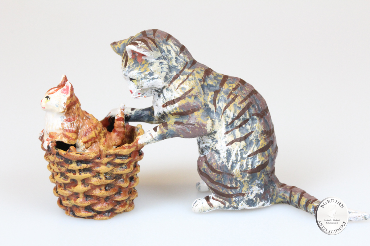 Wiener Bronze Katze Korb Baby Kunst Sammler Figur Fritz Bermann